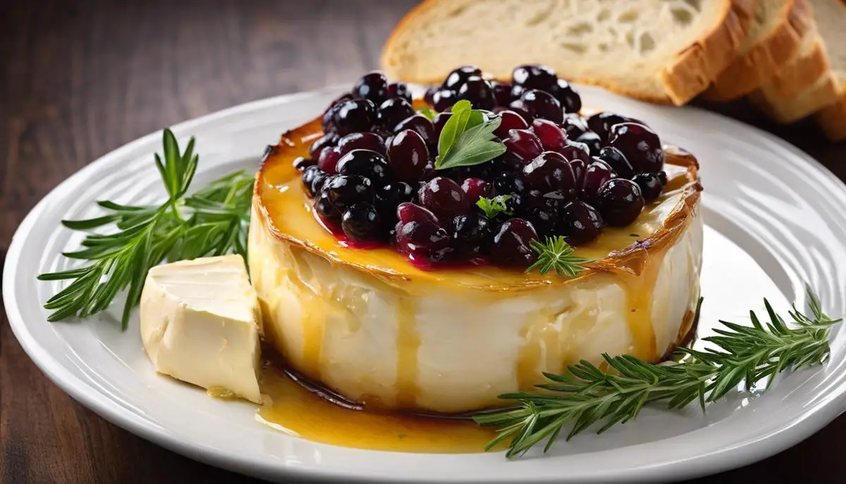 A picture of a beautifully baked Brie cheese with accompanying bread and herbs