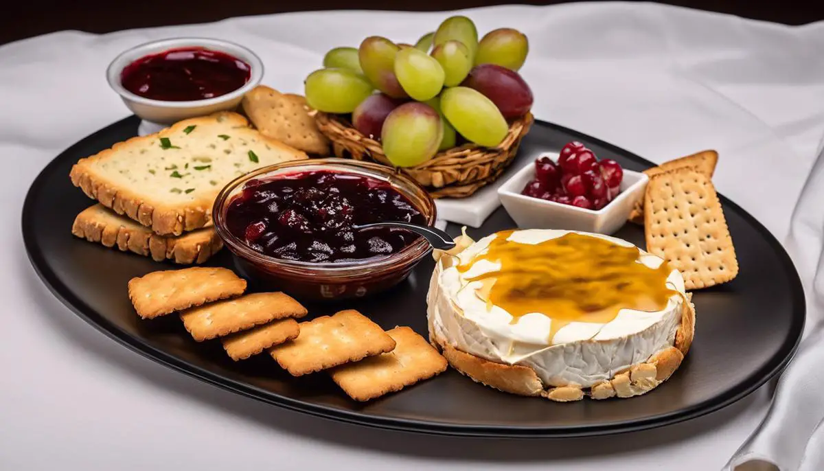 A plate with baked Brie served alongside fruit preserves and crackers