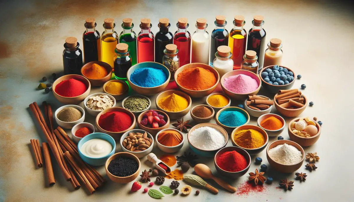 Variety of colorful baking ingredients such as food coloring, spices, extracts, and fruit powders on a kitchen counter