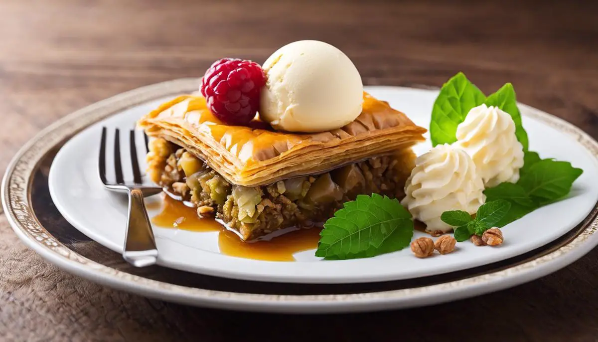 A plate of baklava with a scoop of ice cream next to it, creating a delectable dessert combination.