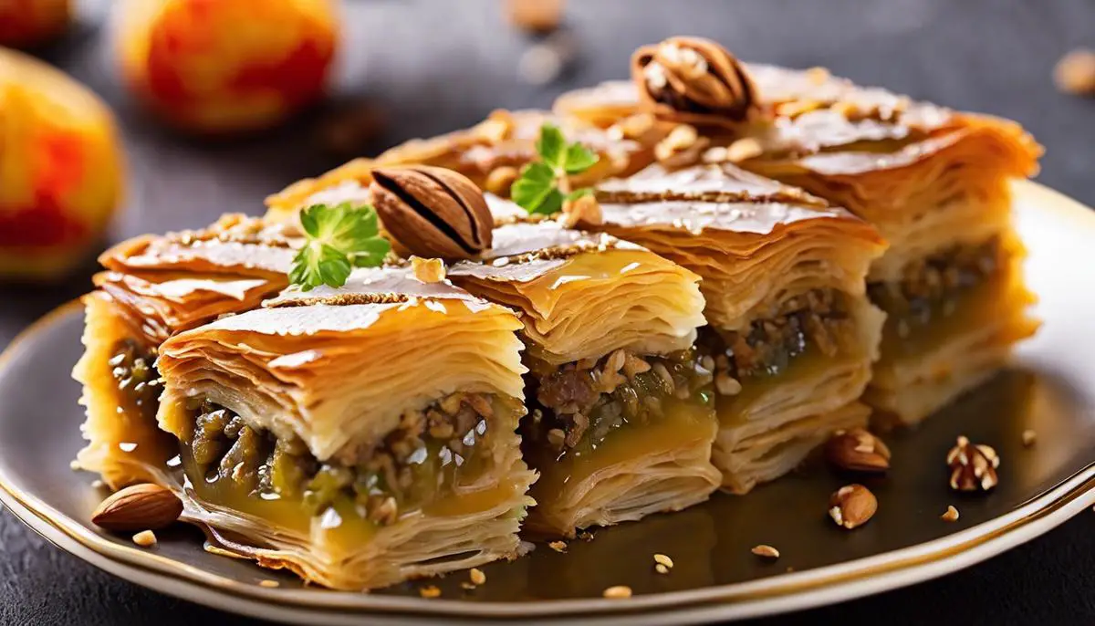A photo of a plate of baklava, showing layers of phyllo dough filled with nuts and soaked in syrup.