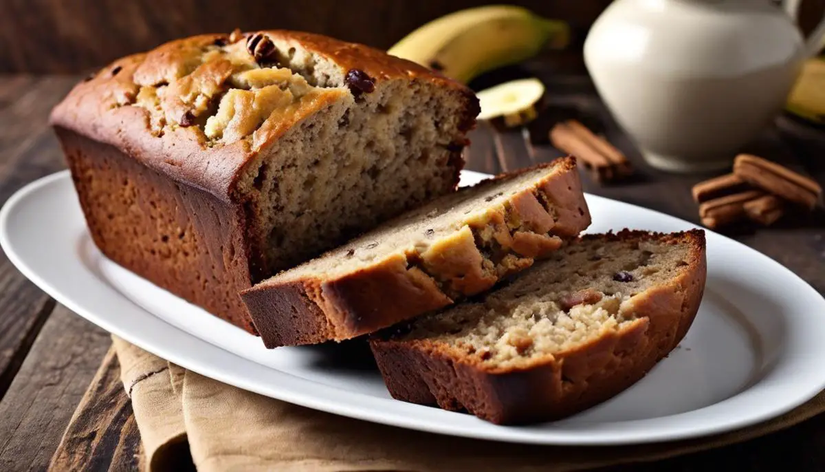 A close-up image of a freshly baked banana bread loaf with a golden-brown crust, a moist, tender crumb, and slices of ripe bananas on top.