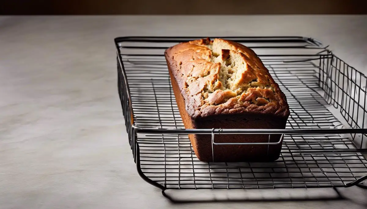 A freshly baked banana bread cooling on a wire rack