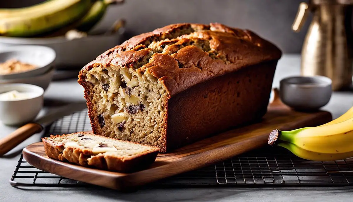 A beautiful golden-brown banana loaf on a cooling rack