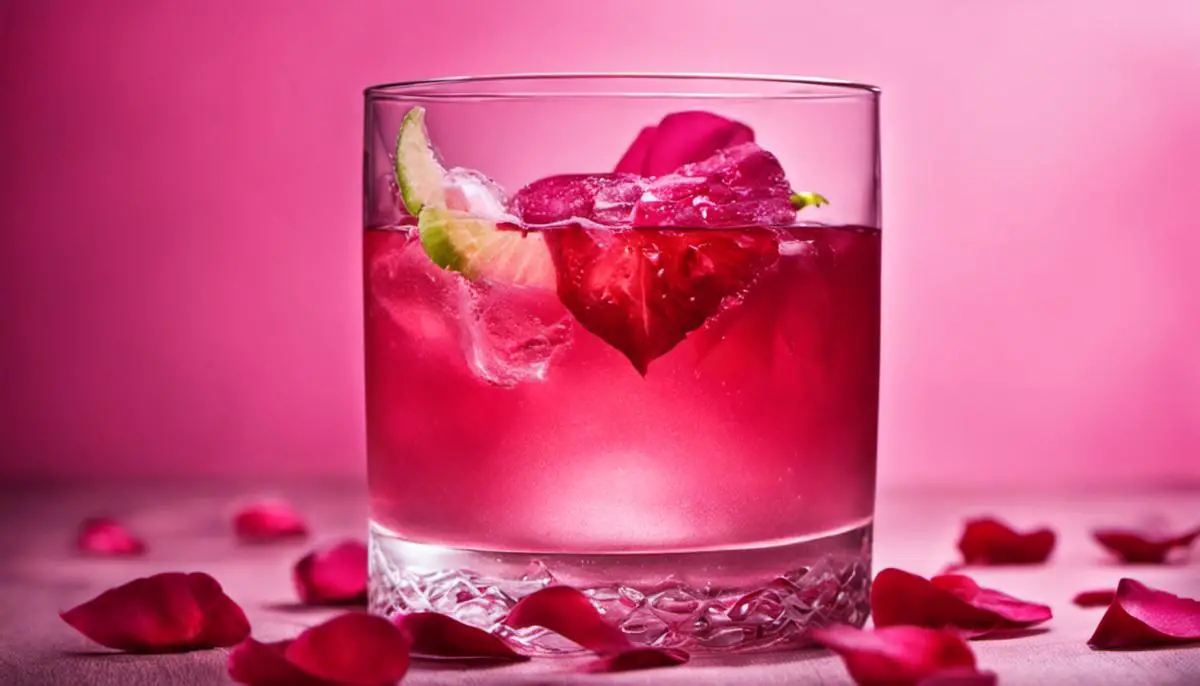 A refreshing pink drink in a glass with rose petals floating on top.