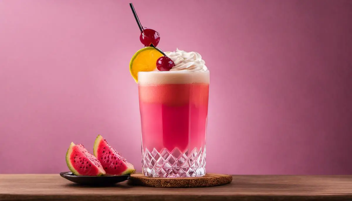 A glass of Bandung drink, showcasing its pink color and creamy layers