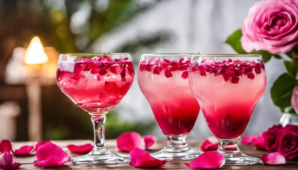 A colorful image showing glasses of Bandung drink with rose petals decorating the rim.