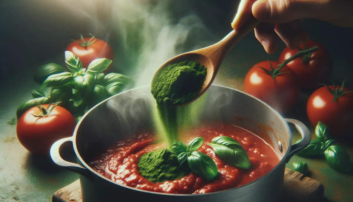 Basil powder being stirred into a red tomato-based Italian sauce in a pot.