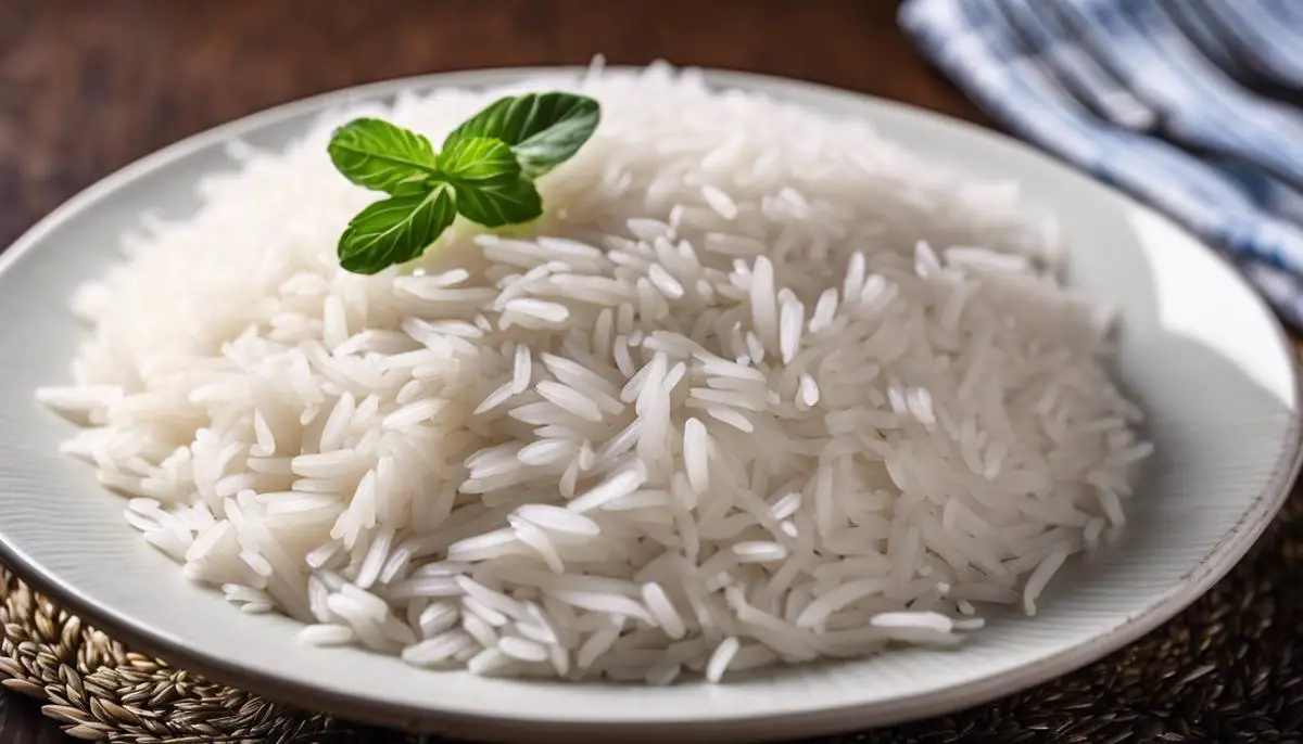 A close-up image of fluffy Basmati rice in a white bowl
