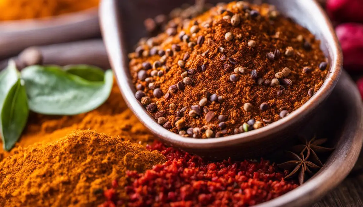 A close up image of a bowl filled with the Berbere spice blend, showcasing its vibrant colors and various ingredients.