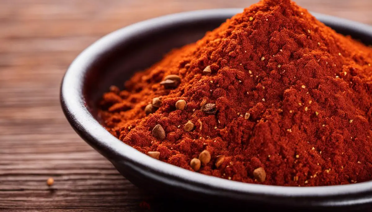A close-up image of a vibrant red spice blend known as Berbere, featuring various ingredients and spices mixed together.