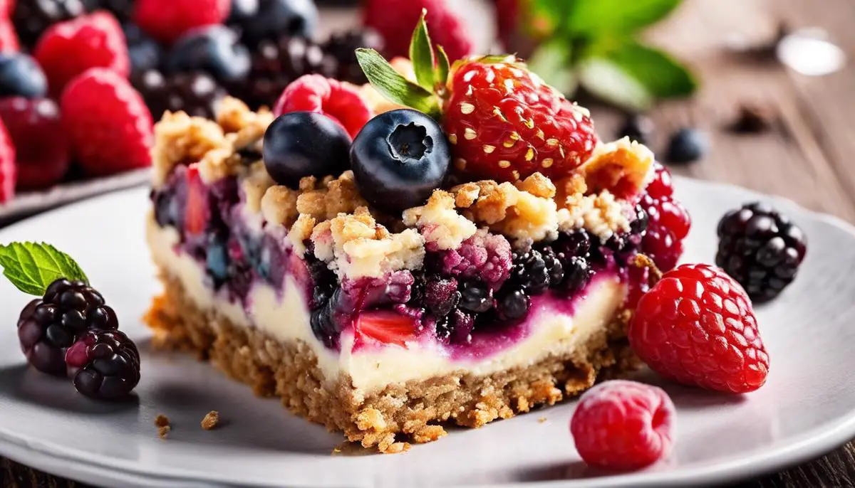 A close-up image of a delicious berry bar with colorful berries bursting out of the crumble crust.