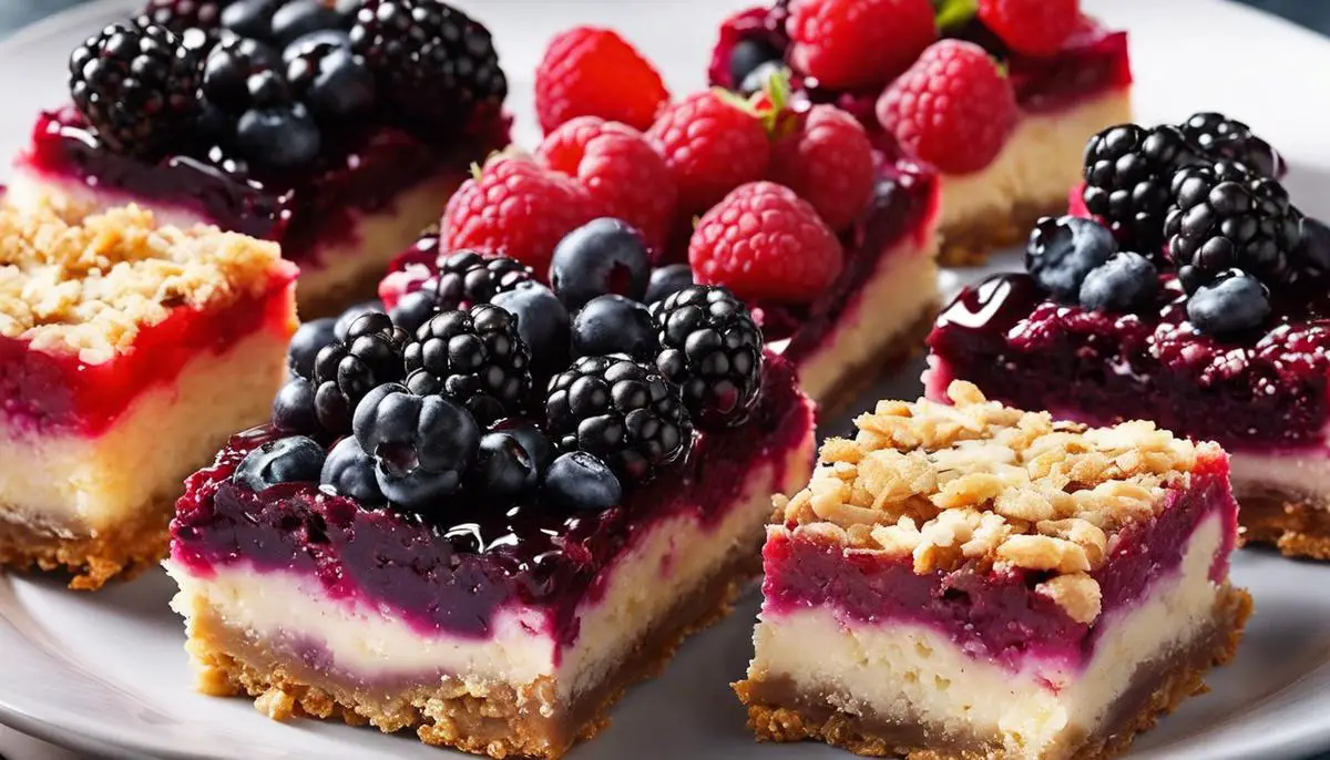 An image of a variety of berry bars on a plate, showcasing their vibrant colors and crumbly texture