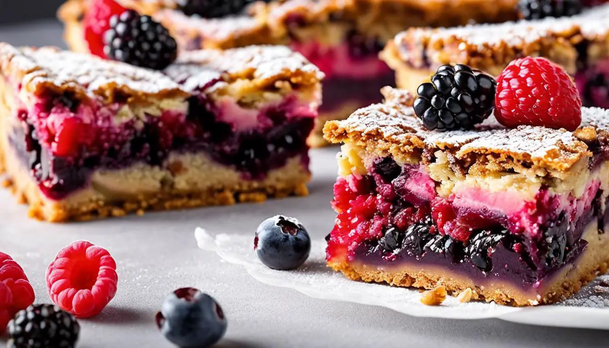 A plate of various berry bars, showcasing their vibrant colors and mouth-watering appearance.