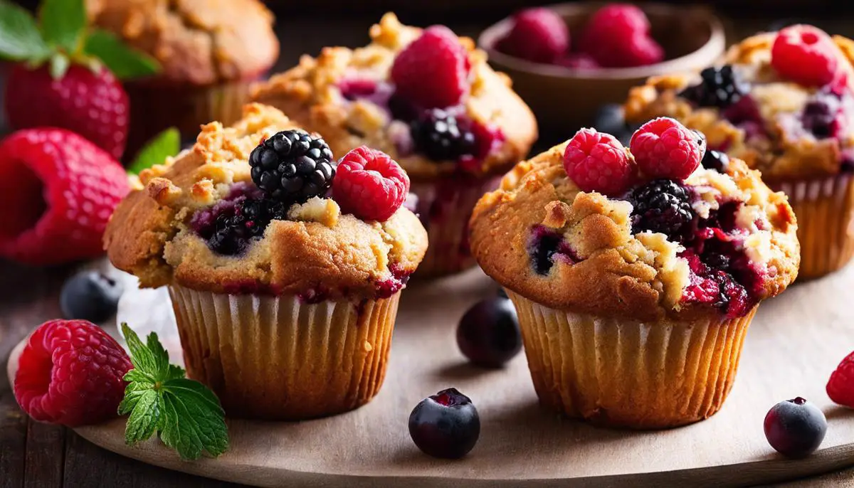 A freshly baked berry muffin with a golden-brown top and oozing berry filling, ready to be enjoyed.