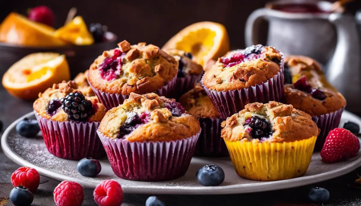 A plate of freshly baked berry muffins, showcasing their golden tops and bursting fruits.