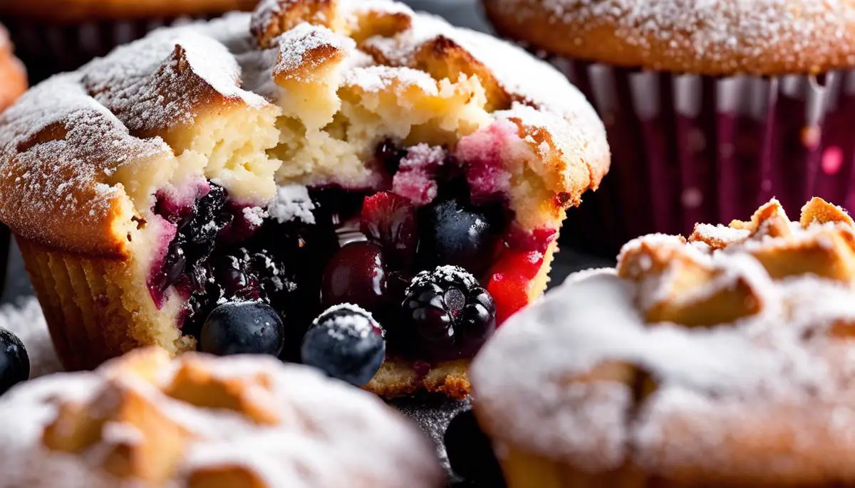 An image of freshly baked berry muffins, coated with a delicate dusting of powdered sugar.