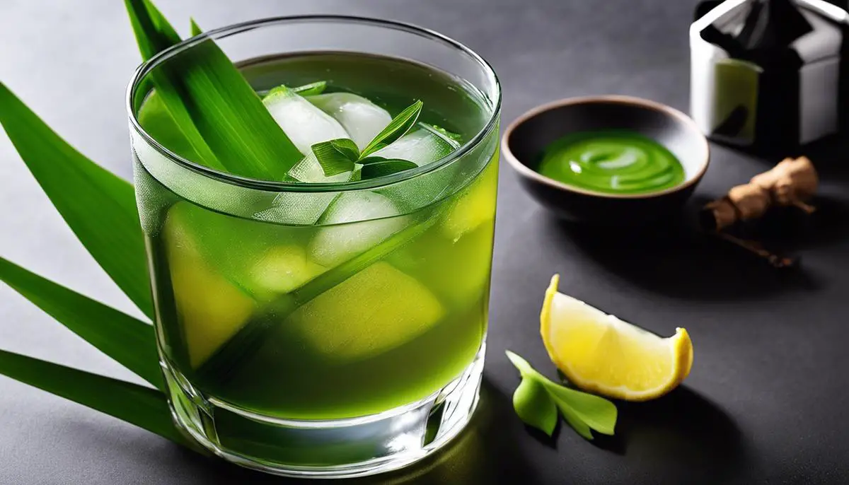 An image of a glass of Bir Pletok, with ginger, lemongrass, and pandan leaves as garnish.