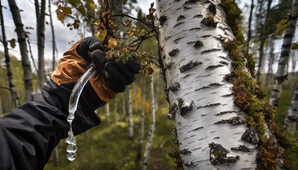 Image of birch sap being collected from a tree