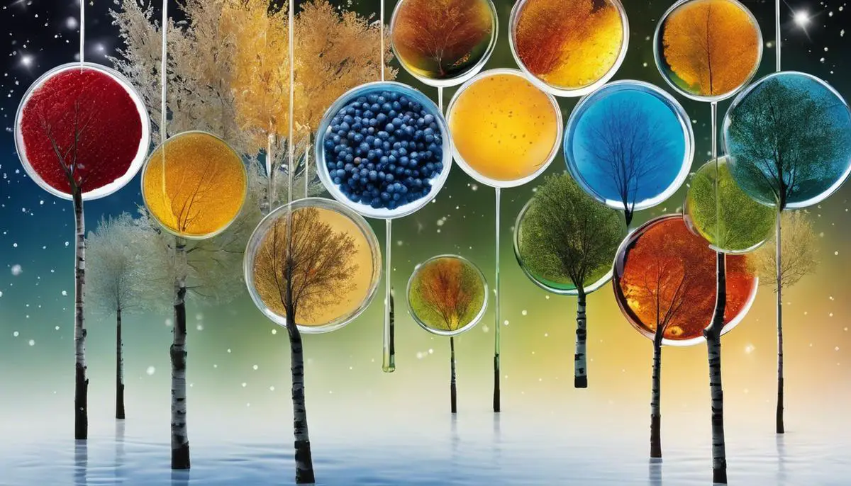 Image depicting the molecular composition of birch sap, including various compounds and nutrients present in different seasons.