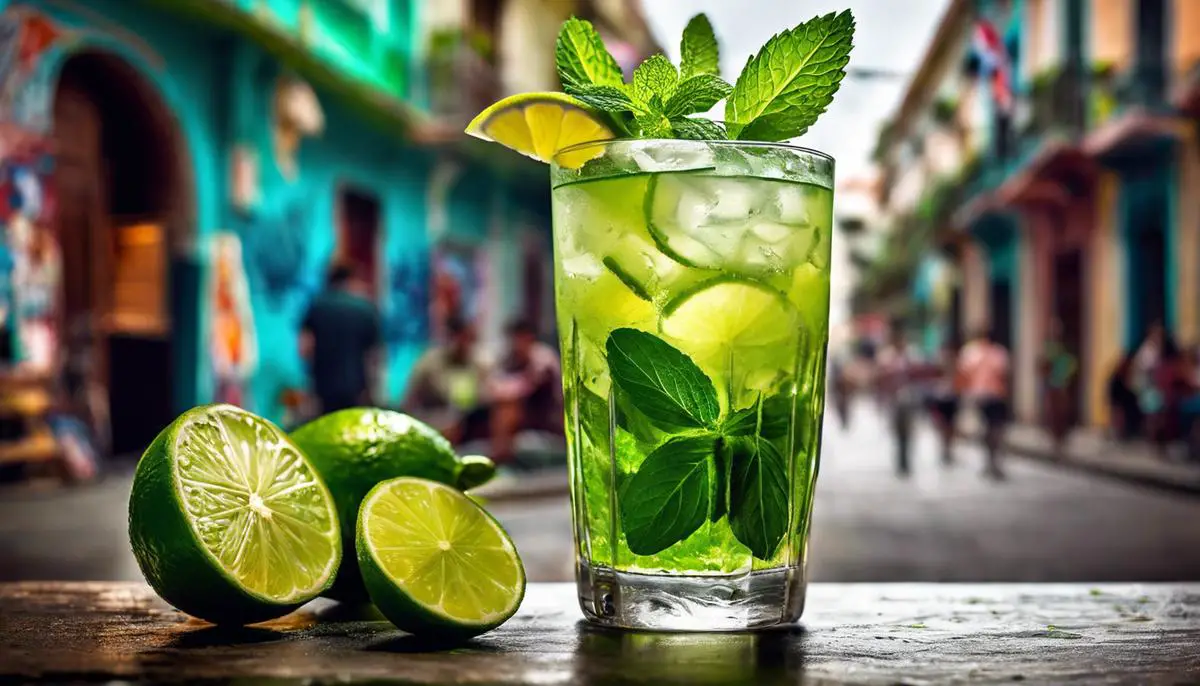 A glass of Mojito cocktail, garnished with mint leaves and lime, placed against a backdrop of Cuban street art.