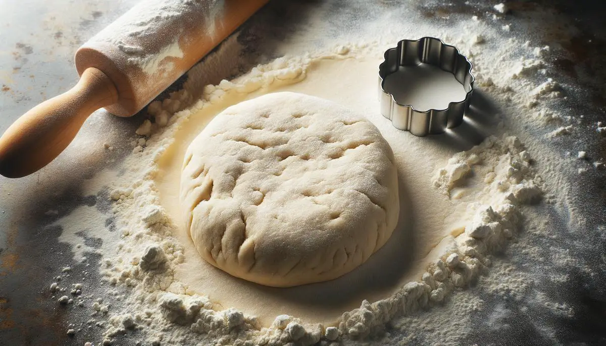 Raw biscuit dough patted out into a flat circle on a floured surface, with a round biscuit cutter next to it