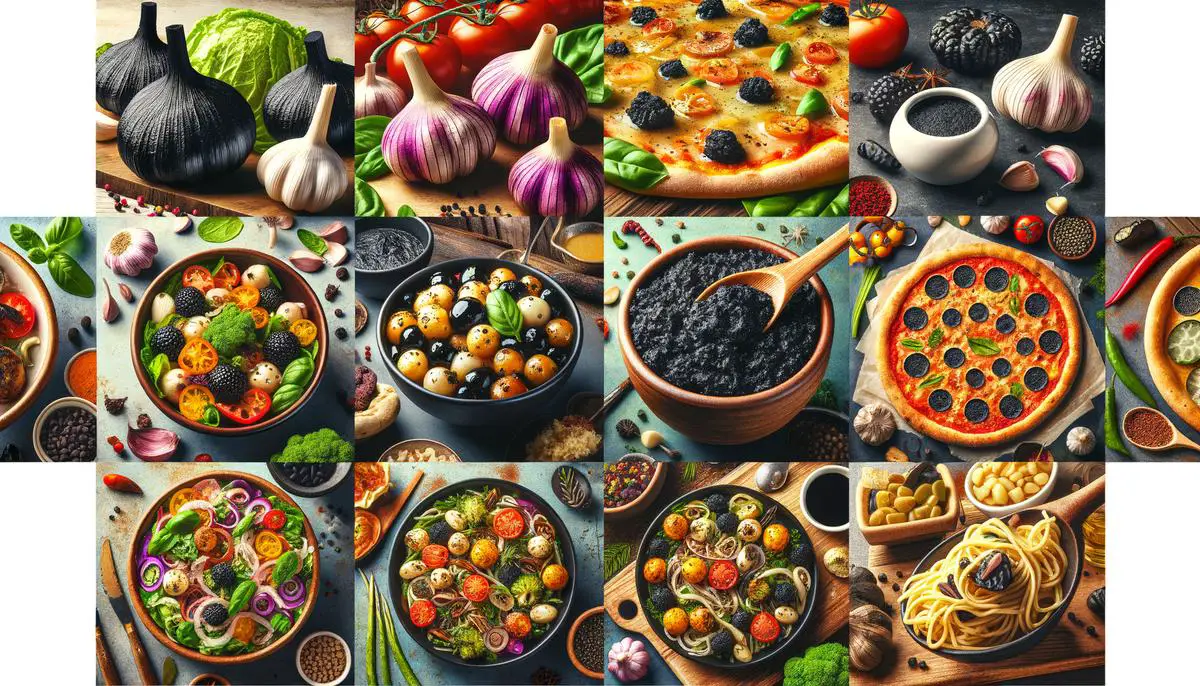 Collage of various dishes and culinary applications featuring black garlic, such as salads, stir-fries, pasta, pizza, and spreads.