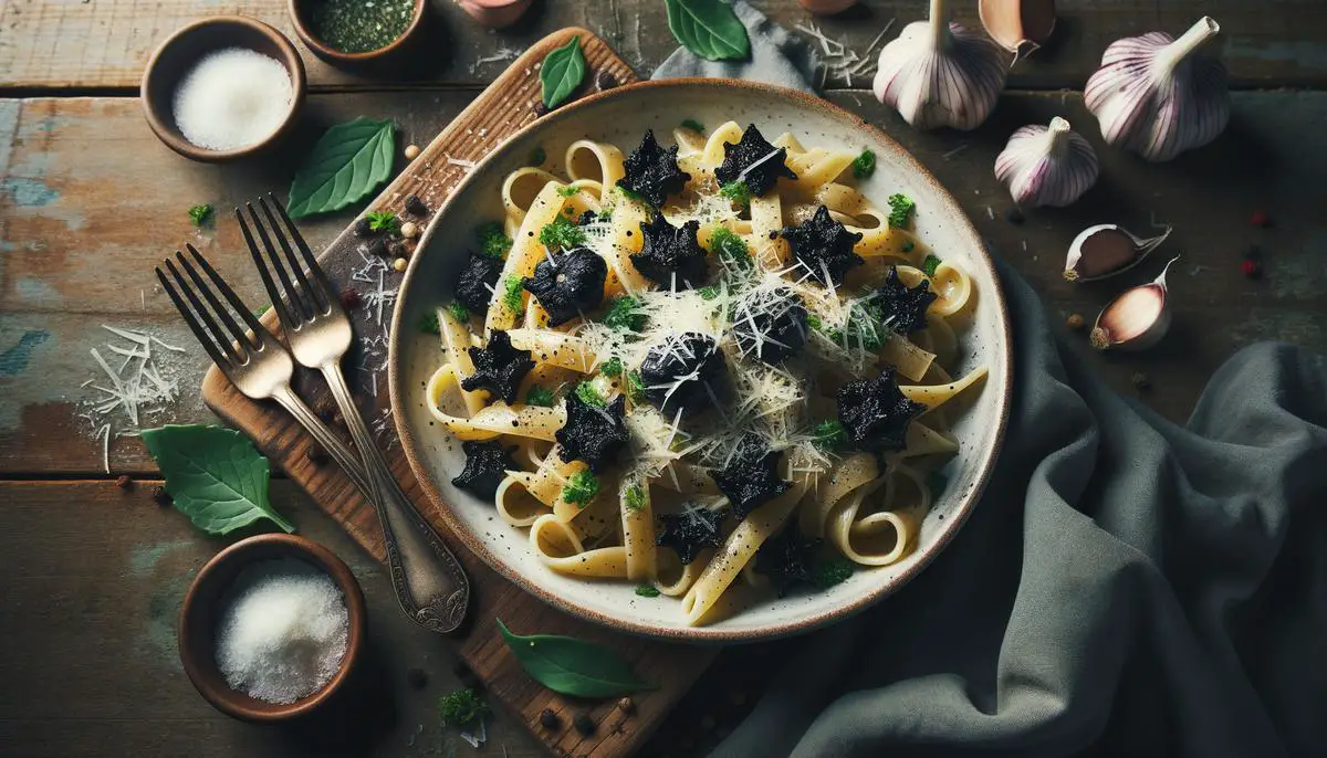 A plate of pasta with black garlic and herbs
