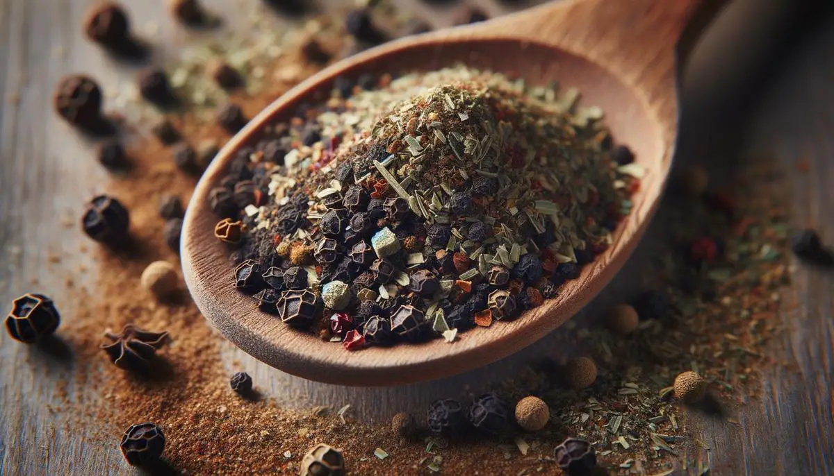 Close-up of ground black pepper and dried oregano on a wooden spoon.