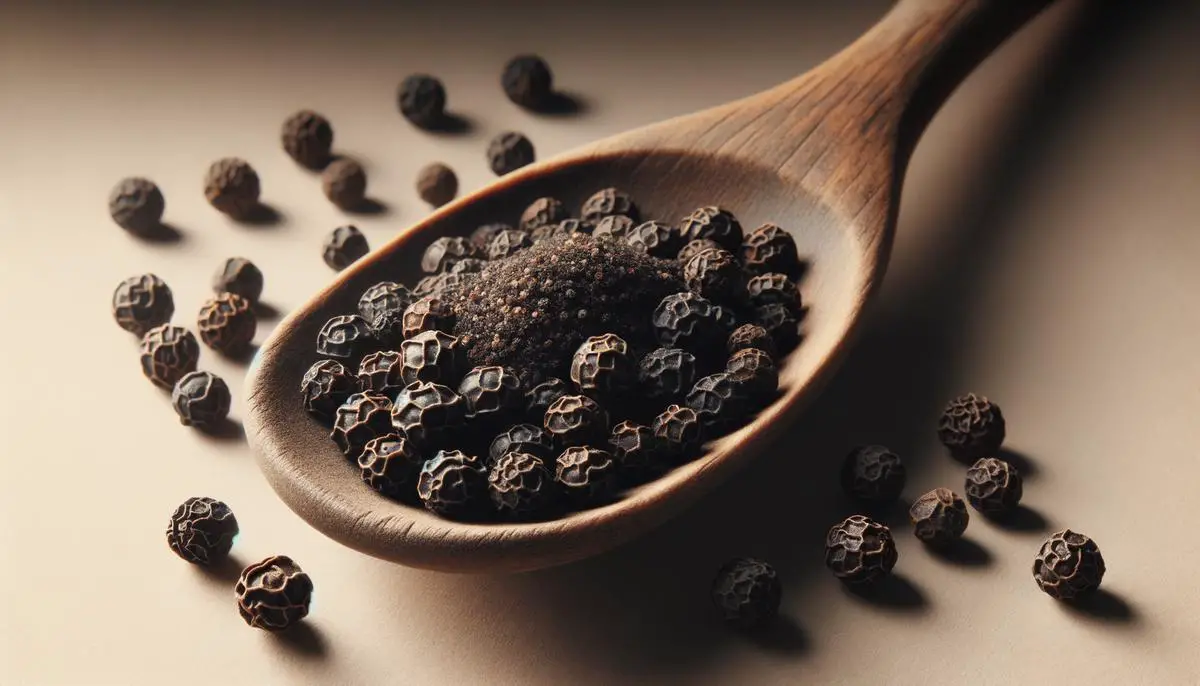 Whole black peppercorns and ground black pepper on a wooden spoon