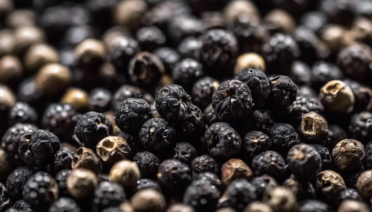 A pile of whole black peppercorns
