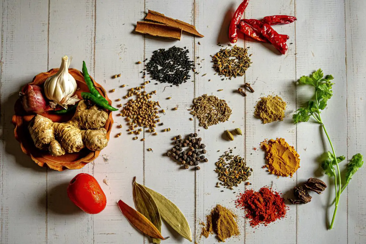 Assorted spices and herbs used to make blackened seasoning, including paprika, cayenne, thyme and oregano
