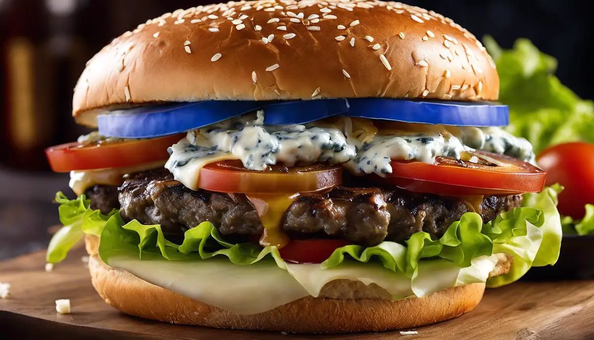 A close-up image of a blue cheeseburger, with melted blue cheese and caramelized onions, piled high with lettuce and tomato, all sandwiched between two toasted buns.