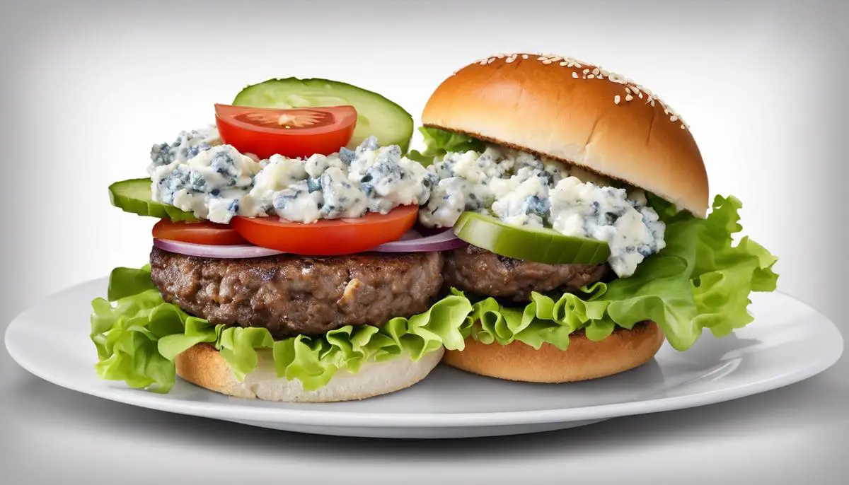 Image of a delicious blue cheese burger with juicy beef patty and crumbled blue cheese on top, served with lettuce, tomato, and onions on a soft toasted bun.