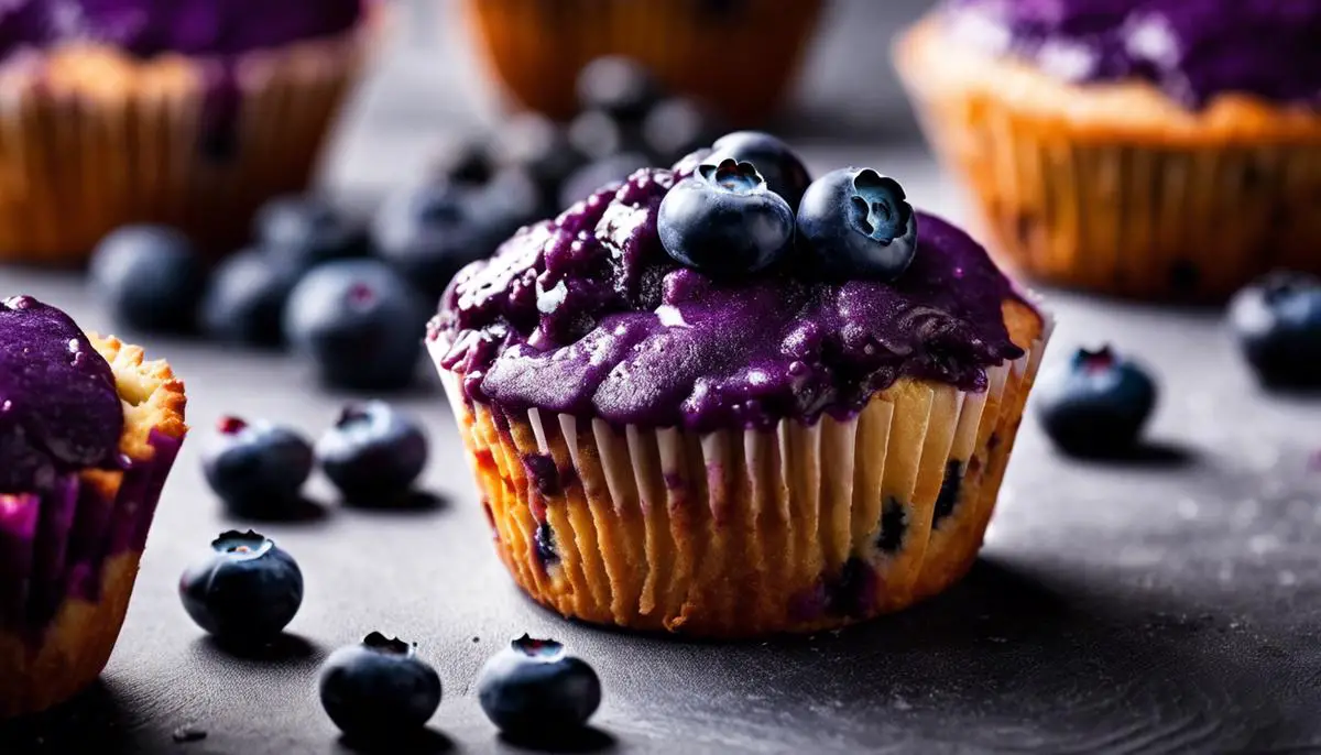 A close-up image of a bowl of blueberry muffin batter, showcasing its vibrant purple color and specks of blueberries throughout.