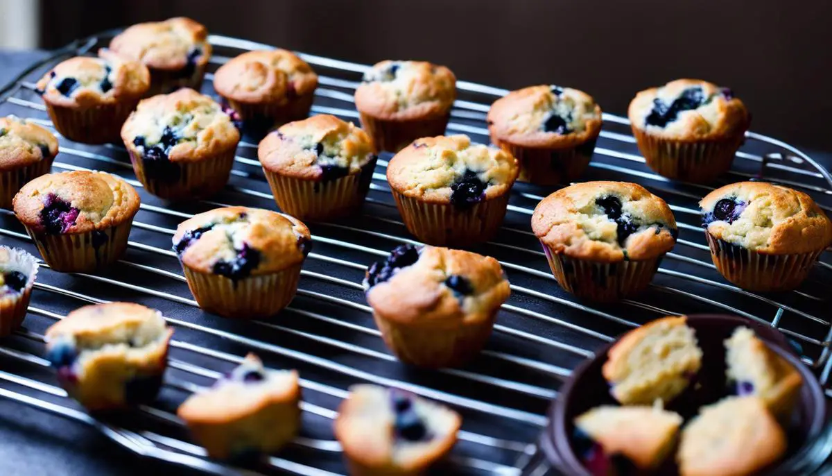 Image of freshly baked blueberry muffins on a cooling rack