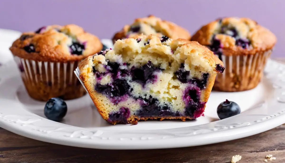 Blueberry muffins on a plate, looking delicious
