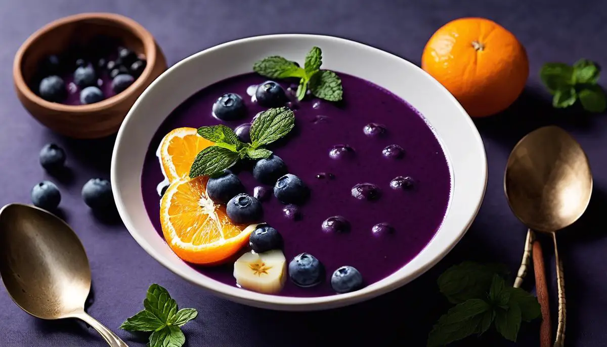A bowl of blåbärssoppa, a purple-blue soup made with wild blueberries, orange juice, cinnamon, and sugar. It is garnished with fresh blueberries and a sprig of mint.