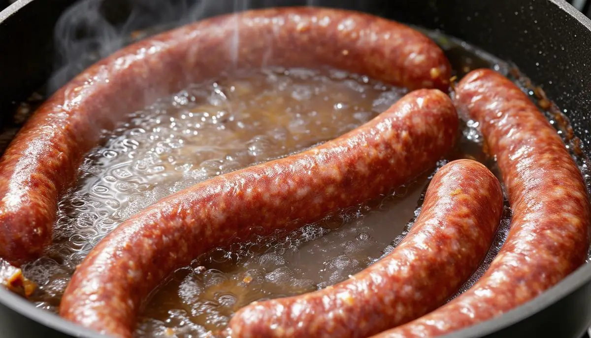 A kishka sausage boiling in a pot of water