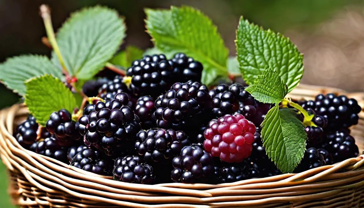 A basket of boysenberries, filled with dark purple berries that are plump and juicy, glistening under the sunlight.