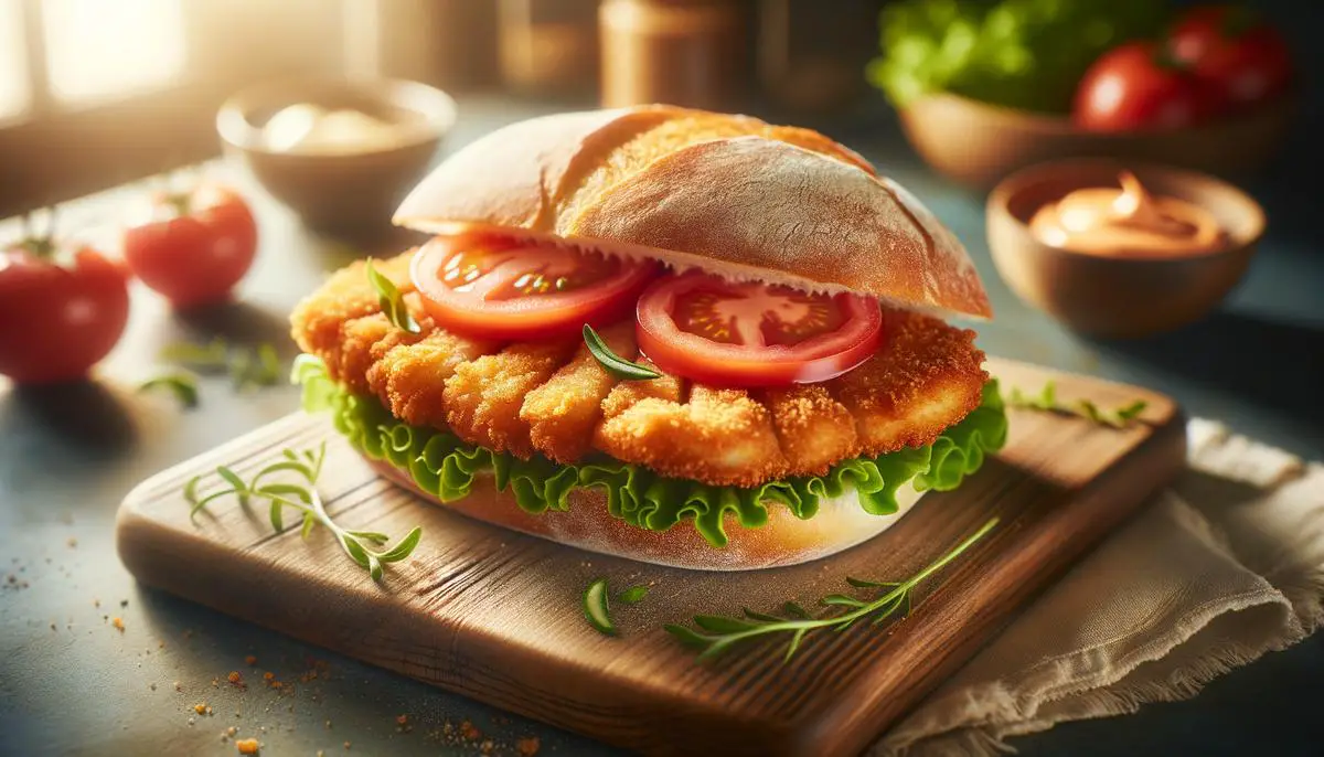 A breaded pork cutlet sandwich on a crusty roll with lettuce, tomato and mayonnaise