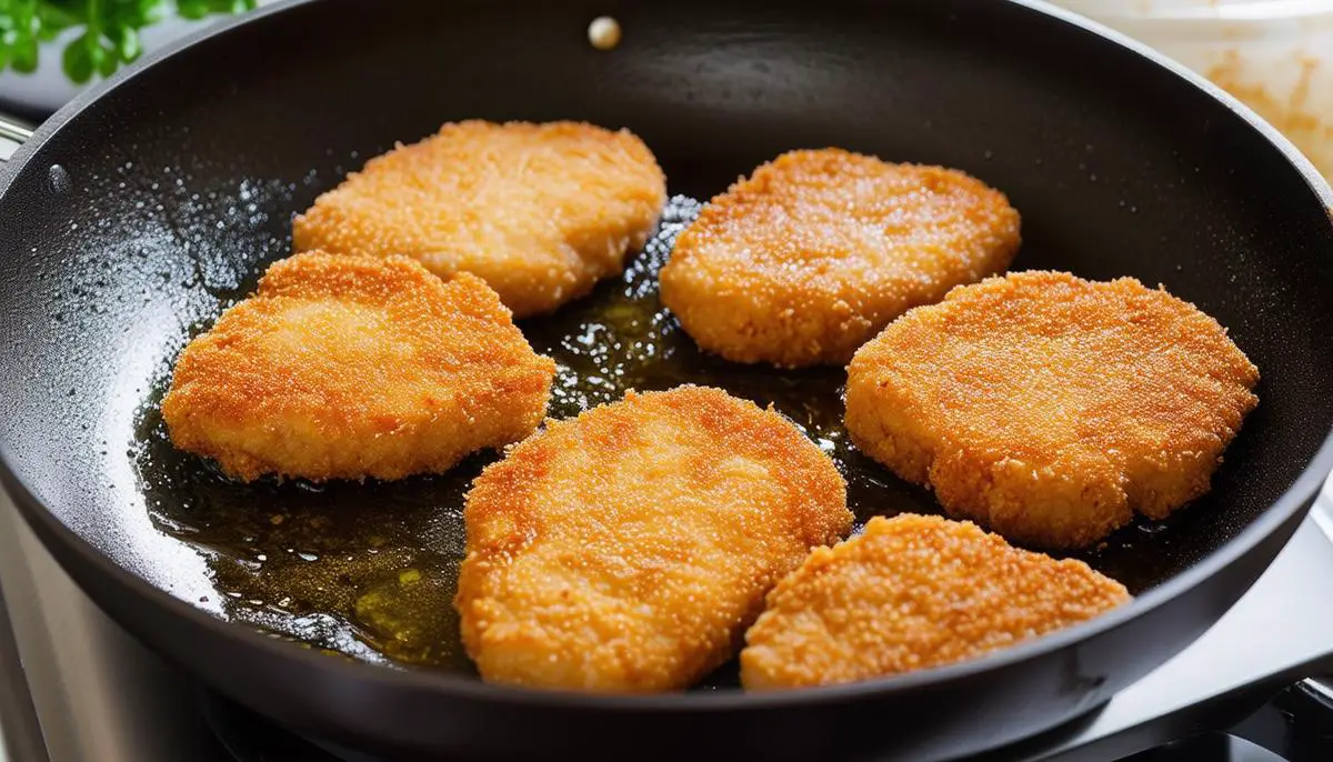 Golden brown breaded pork cutlets frying in a pan with oil
