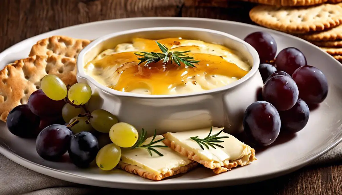 A close-up image of a baked Brie dish with golden melted cheese oozing out, served with crackers and grapes. A visually pleasing appetizer that showcases the decadence of baked Brie.