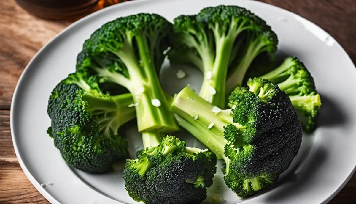 A vibrant green steamed broccoli on a plate with dashes instead of spaces