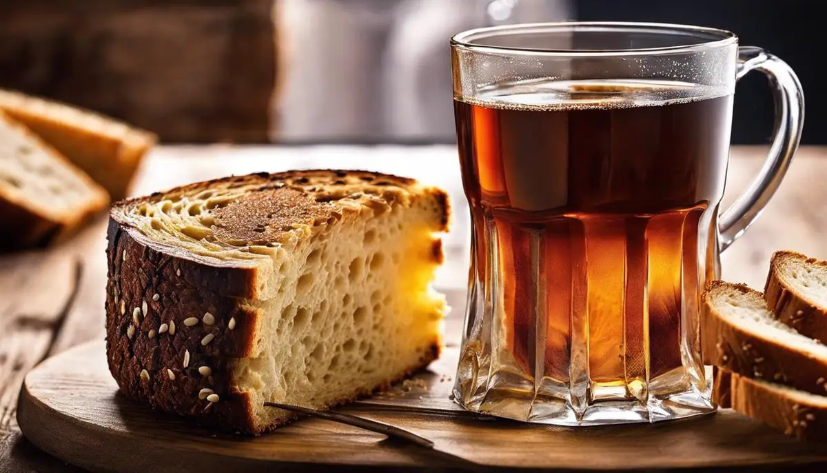 A close-up image of a glass of Brottrunk with a slice of bread, showcasing its culinary potential.