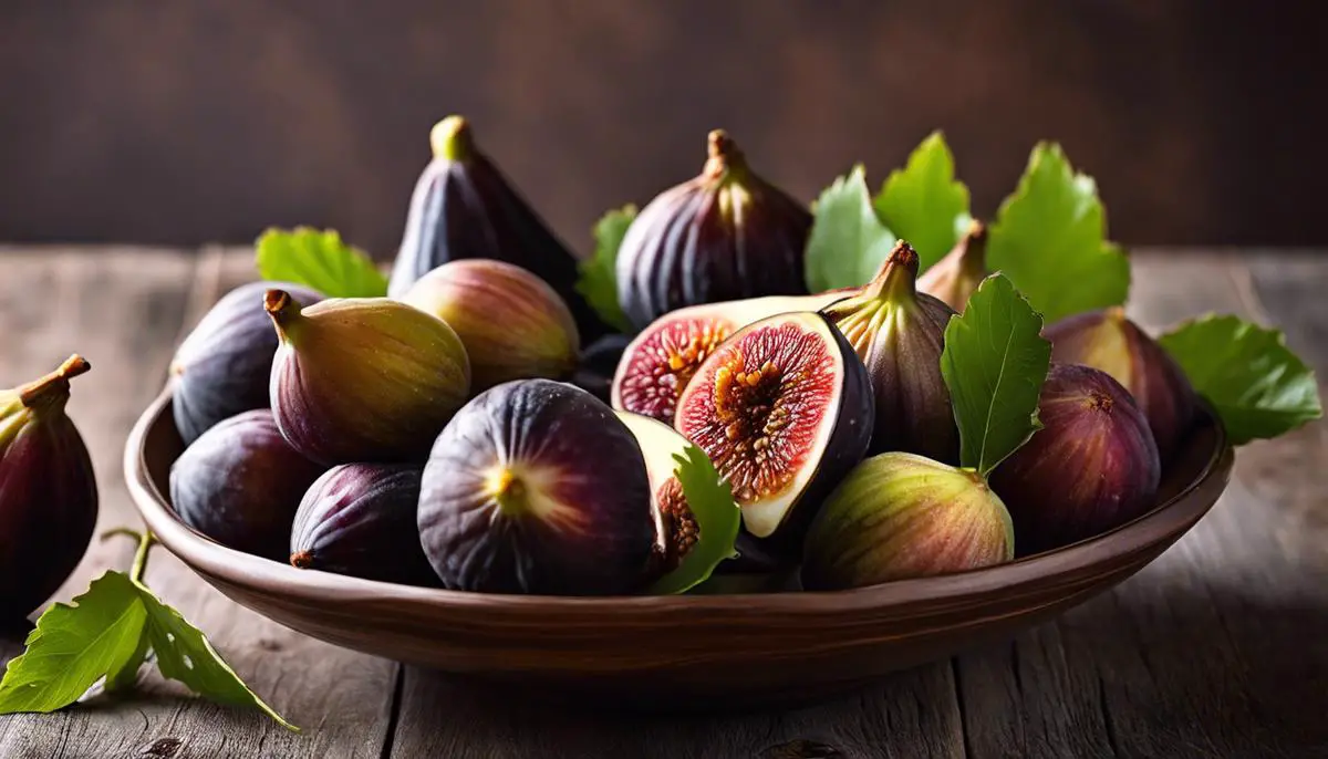 A close-up image of ripe Brown Turkey Figs arranged in a bowl.