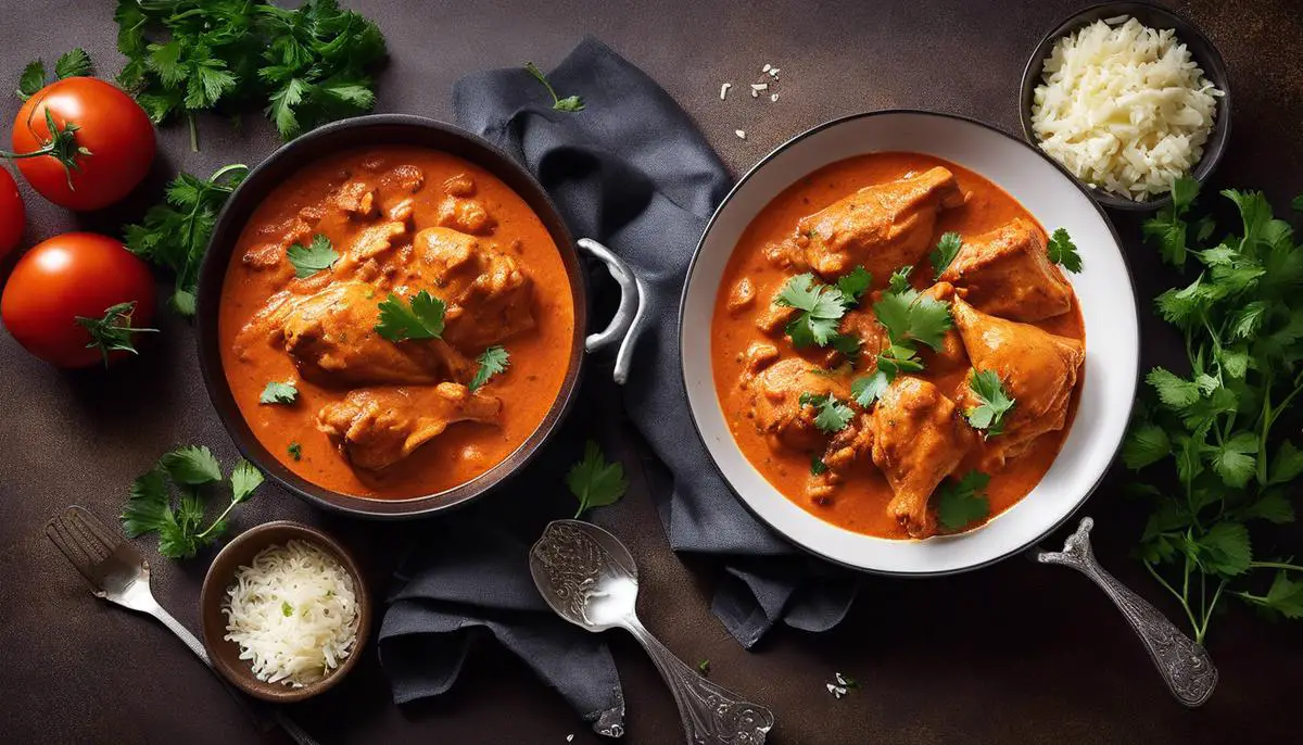 A mouthwatering image of Butter Chicken, featuring tender chicken pieces in a creamy and flavorful tomato-based sauce, sprinkled with a garnish of fresh herbs.