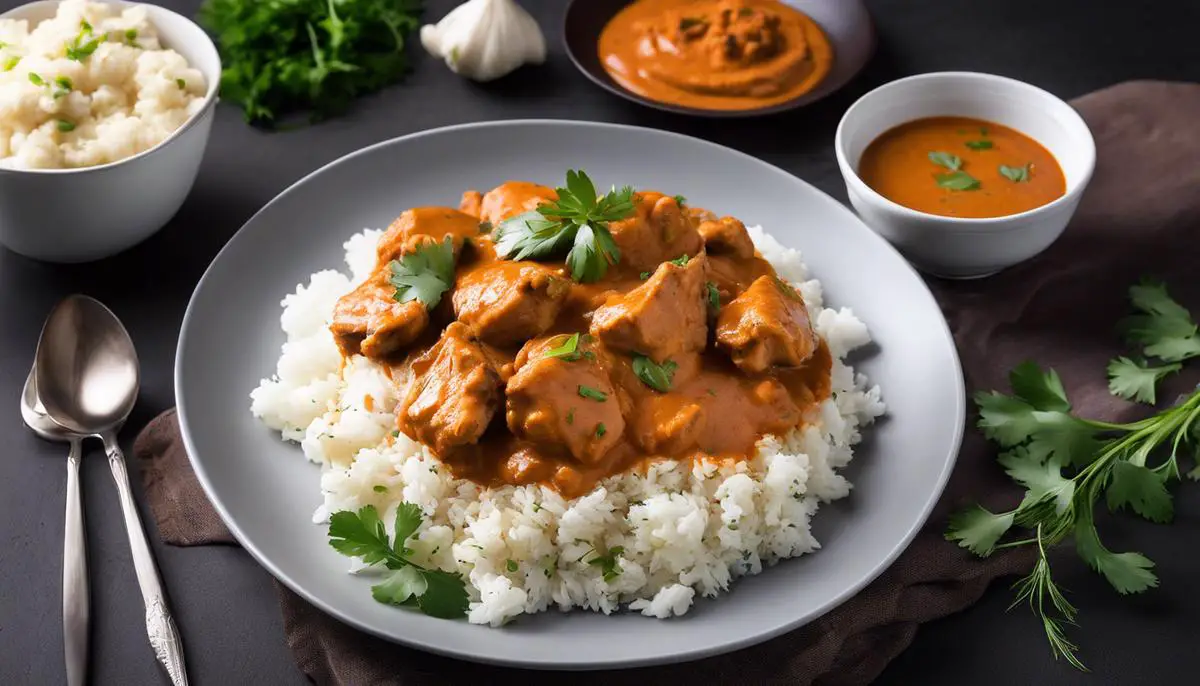 A delicious plate of butter chicken, showcasing tender chicken pieces in a rich, creamy gravy, garnished with fresh herbs and served with cauliflower rice