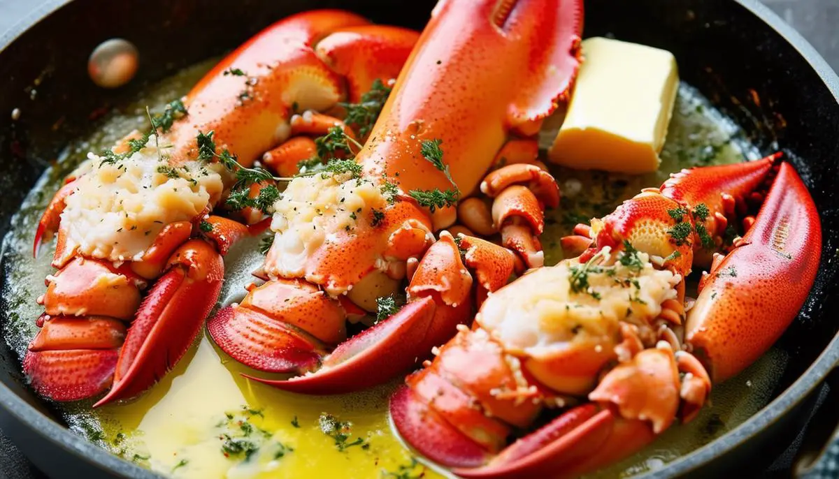 Butter-poached lobster meat in a pan with herbs and butter