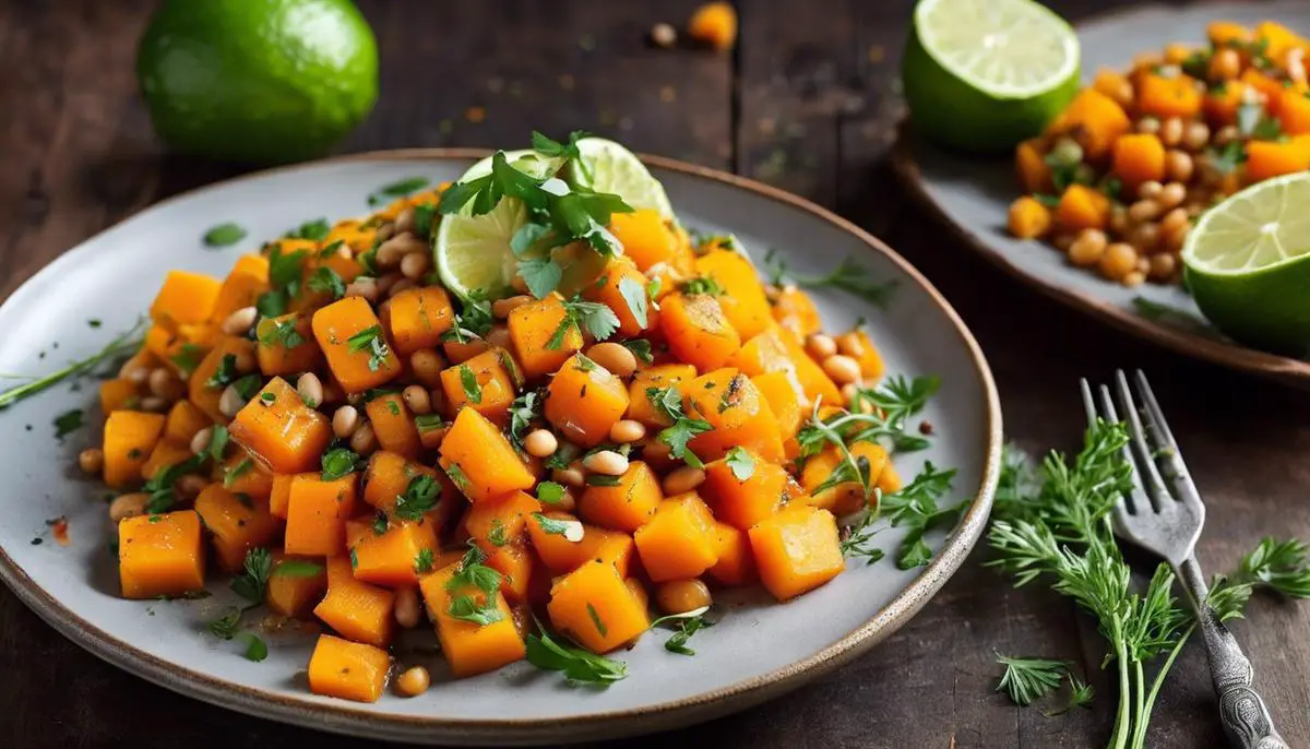 A colorful plate of butternut beans with a sprinkling of fresh herbs and a slice of lime on top.